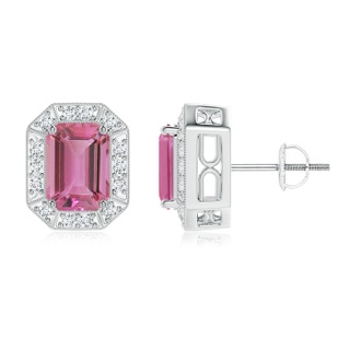 7x5mm AAA Emerald-Cut Pink Tourmaline and Diamond Halo Stud Earrings in White Gold