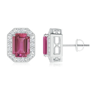 7x5mm AAAA Emerald-Cut Pink Tourmaline and Diamond Halo Stud Earrings in P950 Platinum