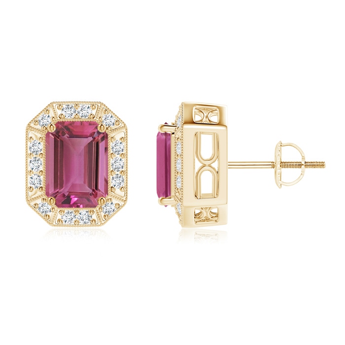 7x5mm AAAA Emerald-Cut Pink Tourmaline and Diamond Halo Stud Earrings in Yellow Gold 