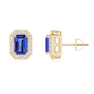 6x4mm AAA Emerald-Cut Tanzanite and Diamond Halo Stud Earrings in Yellow Gold