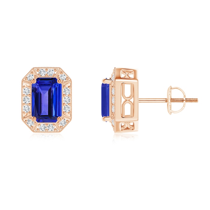 6x4mm AAAA Emerald-Cut Tanzanite and Diamond Halo Stud Earrings in Rose Gold
