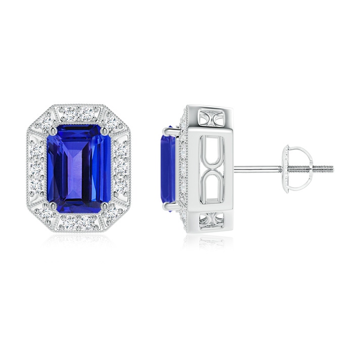 7x5mm AAAA Emerald-Cut Tanzanite and Diamond Halo Stud Earrings in White Gold