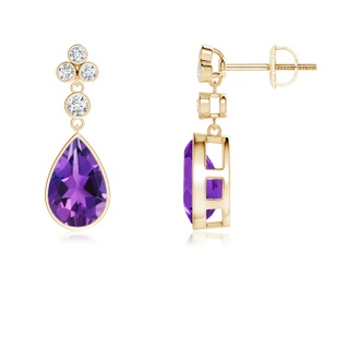 9x6mm AAAA Bezel-Set Amethyst Teardrop Earrings with Diamond Accents in Yellow Gold