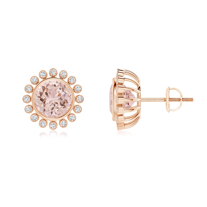 7mm AAA Bezel-Set Morganite and Diamond Halo Stud Earrings in Rose Gold