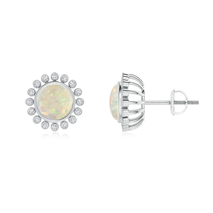 6mm AAA Bezel-Set Opal and Diamond Halo Stud Earrings in White Gold