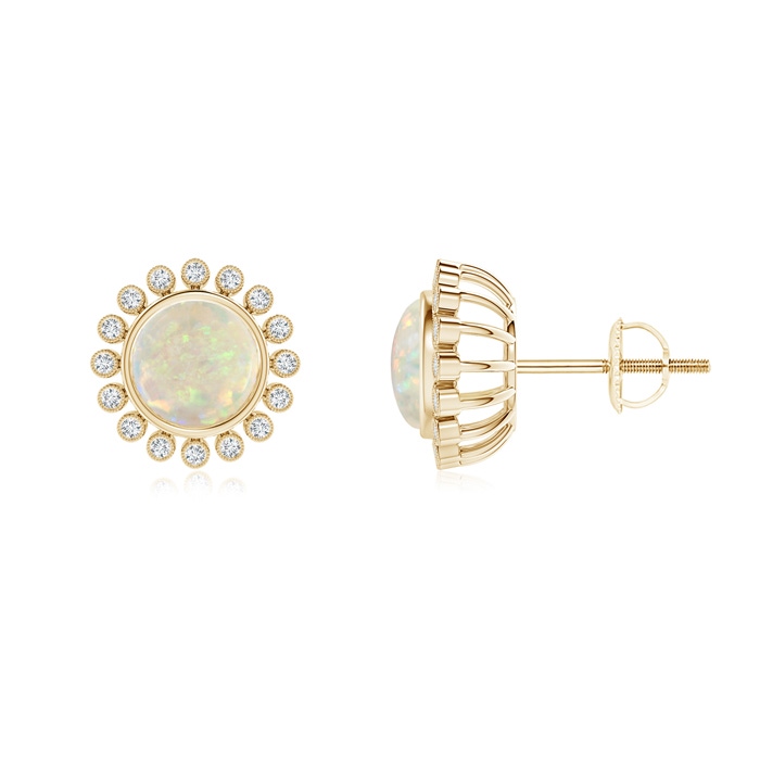 6mm AAA Bezel-Set Opal and Diamond Halo Stud Earrings in Yellow Gold 