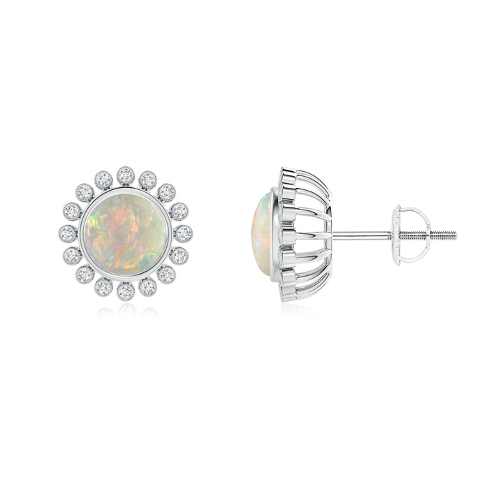 6mm AAAA Bezel-Set Opal and Diamond Halo Stud Earrings in P950 Platinum