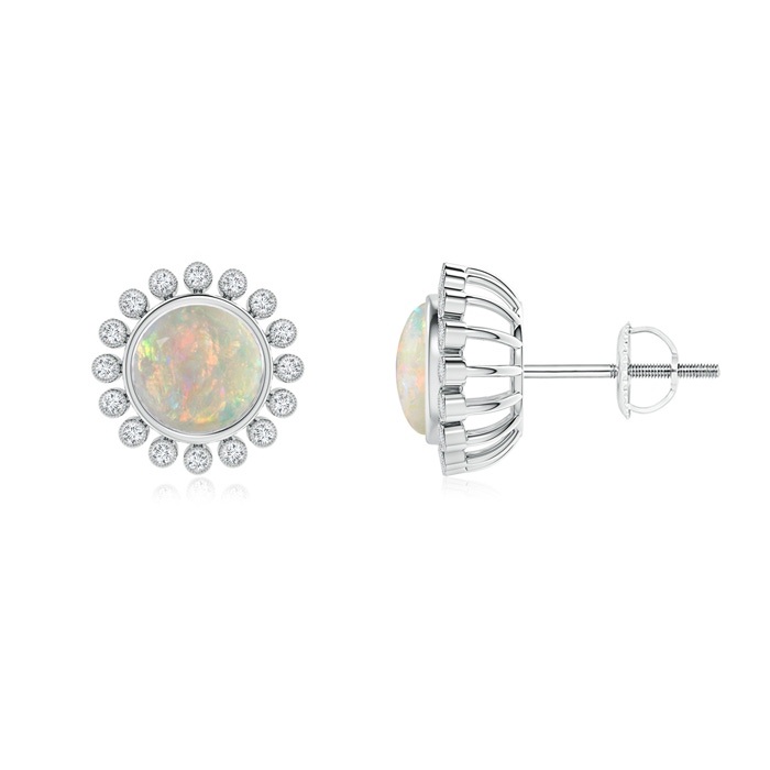 6mm AAAA Bezel-Set Opal and Diamond Halo Stud Earrings in White Gold
