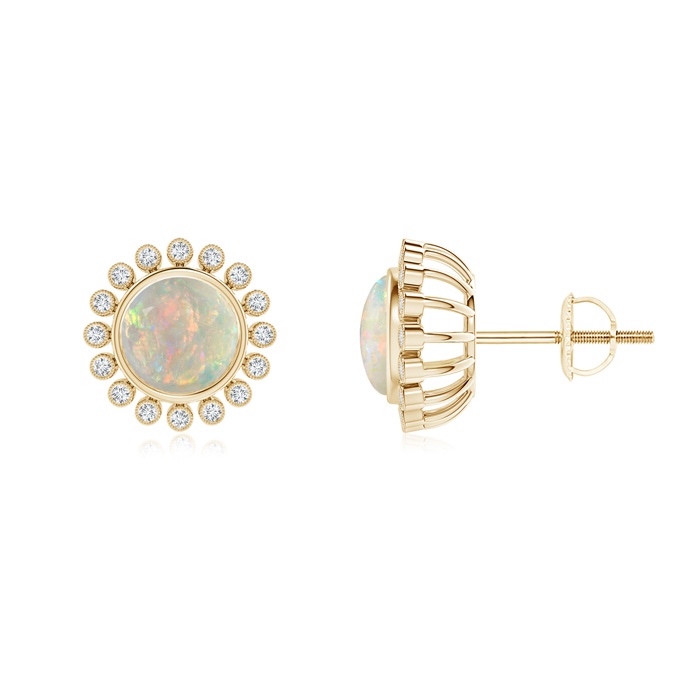 6mm AAAA Bezel-Set Opal and Diamond Halo Stud Earrings in Yellow Gold 
