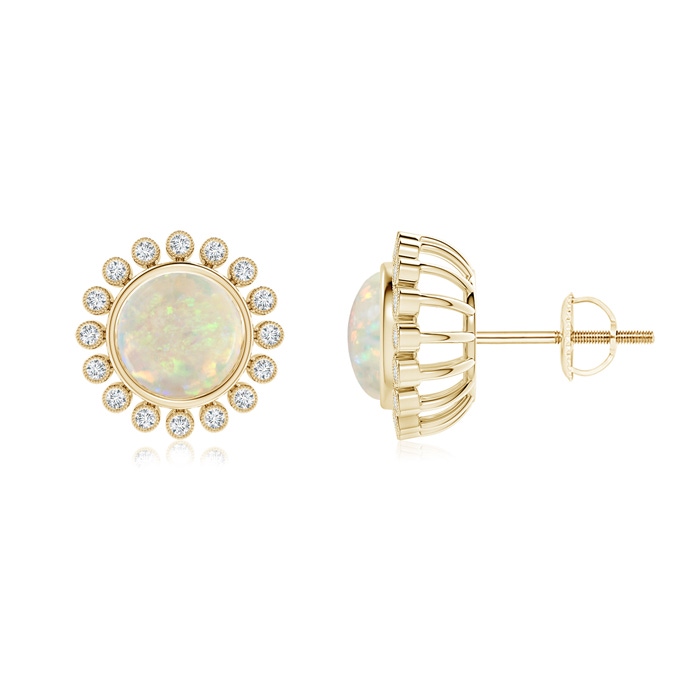 7mm AAA Bezel-Set Opal and Diamond Halo Stud Earrings in Yellow Gold 