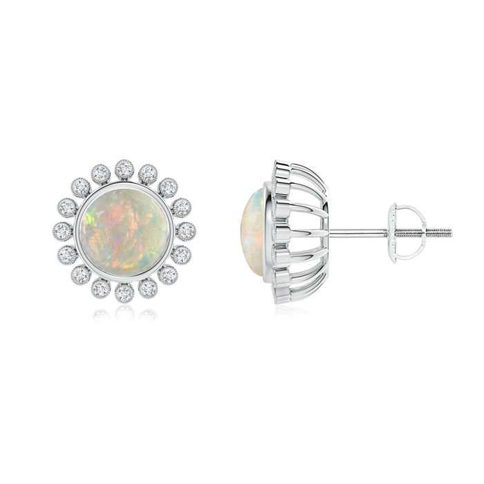 7mm AAAA Bezel-Set Opal and Diamond Halo Stud Earrings in White Gold