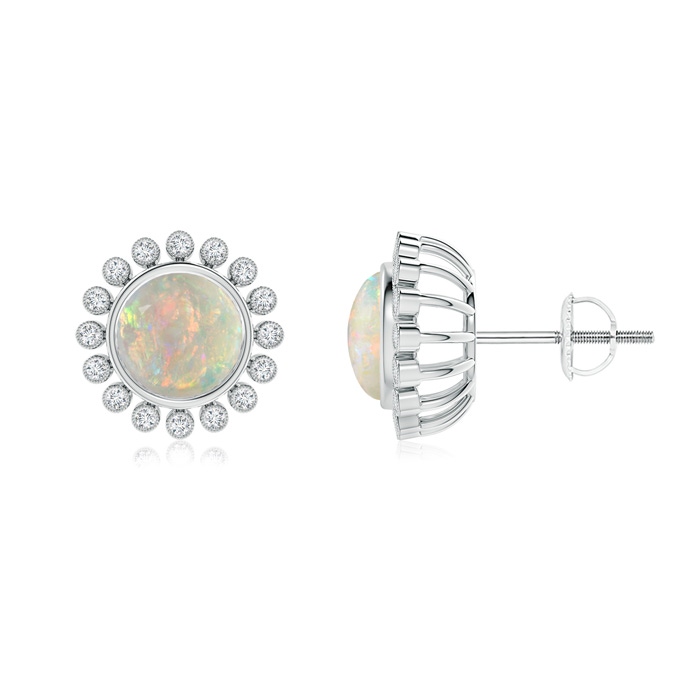 7mm AAAA Bezel-Set Opal and Diamond Halo Stud Earrings in White Gold 