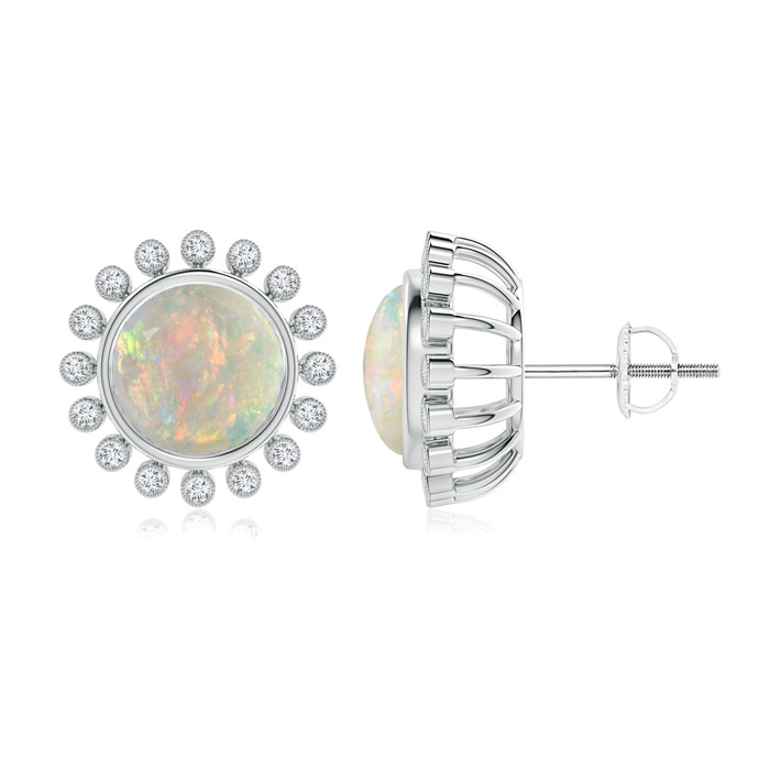 8mm AAAA Bezel-Set Opal and Diamond Halo Stud Earrings in White Gold 
