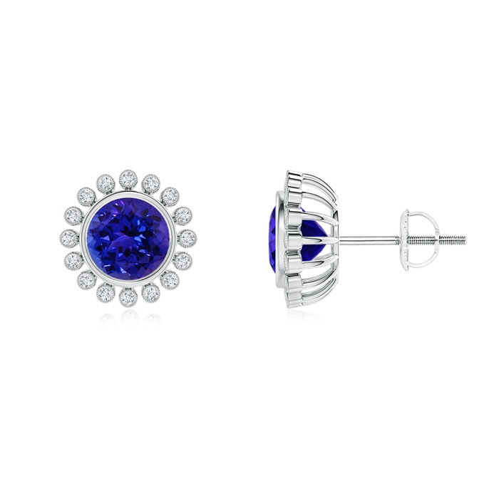 6mm AAAA Bezel-Set Tanzanite and Diamond Halo Stud Earrings in P950 Platinum