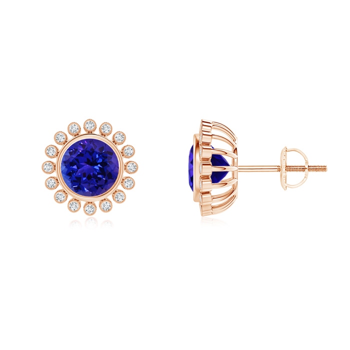 6mm AAAA Bezel-Set Tanzanite and Diamond Halo Stud Earrings in Rose Gold