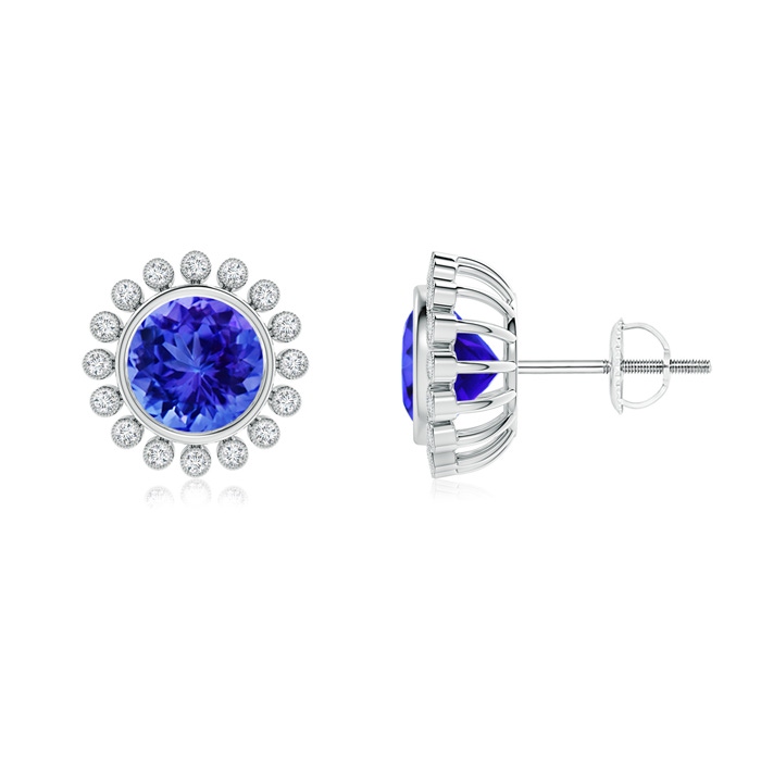 7mm AAA Bezel-Set Tanzanite and Diamond Halo Stud Earrings in White Gold