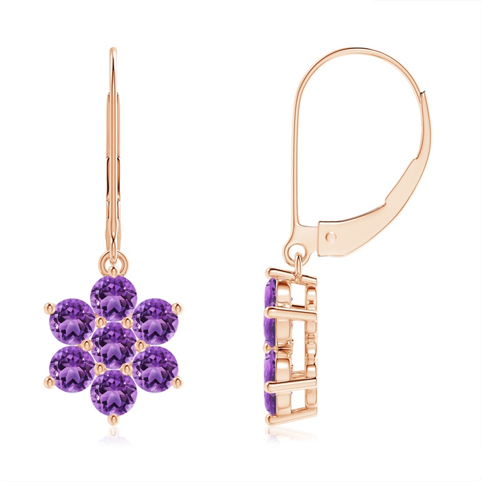 3mm AA Round Amethyst Floral Cluster Dangle Earrings in Rose Gold 