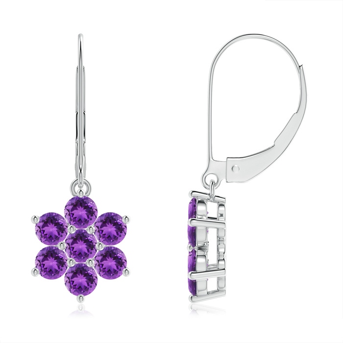3mm AAA Round Amethyst Floral Clustre Dangle Earrings in White Gold