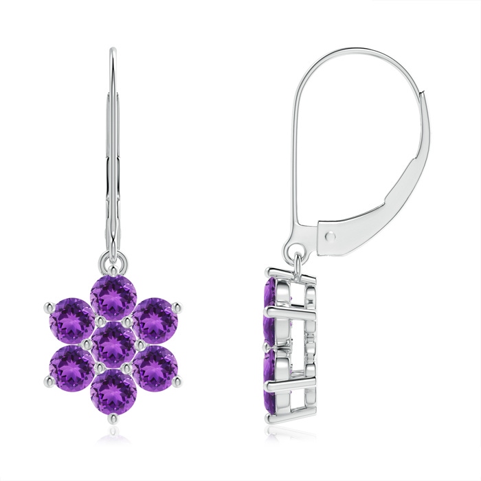 3mm AAA Round Amethyst Floral Clustre Dangle Earrings in White Gold 