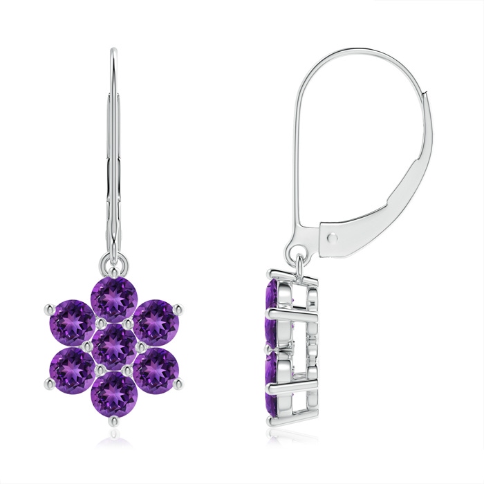 3mm AAAA Round Amethyst Floral Cluster Dangle Earrings in White Gold 