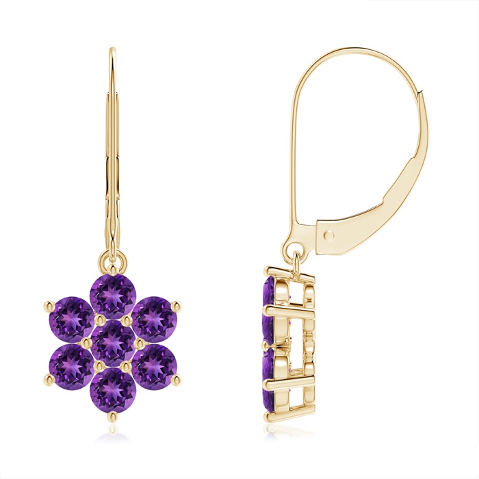 3mm AAAA Round Amethyst Floral Cluster Dangle Earrings in Yellow Gold 
