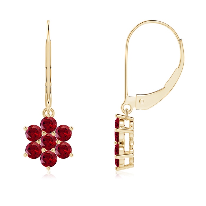 2.5mm AAAA Round Garnet Floral Cluster Dangle Earrings in Yellow Gold 