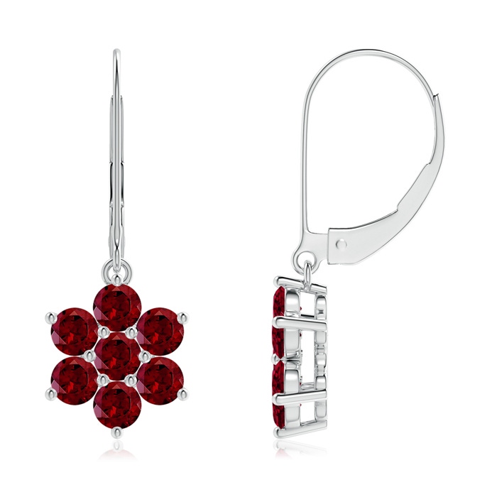3mm AAA Round Garnet Floral Cluster Dangle Earrings in White Gold 