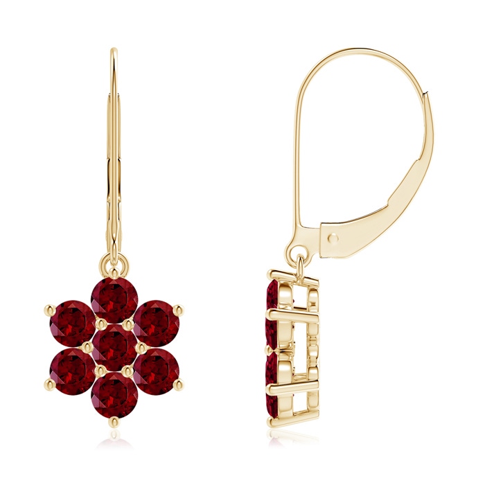 3mm AAA Round Garnet Floral Cluster Dangle Earrings in Yellow Gold