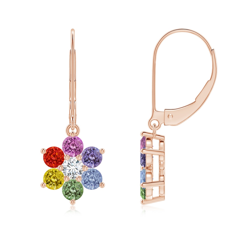 3mm AAA Spectra Round Multi-Sapphire Floral Dangle Earrings with Diamond in Rose Gold