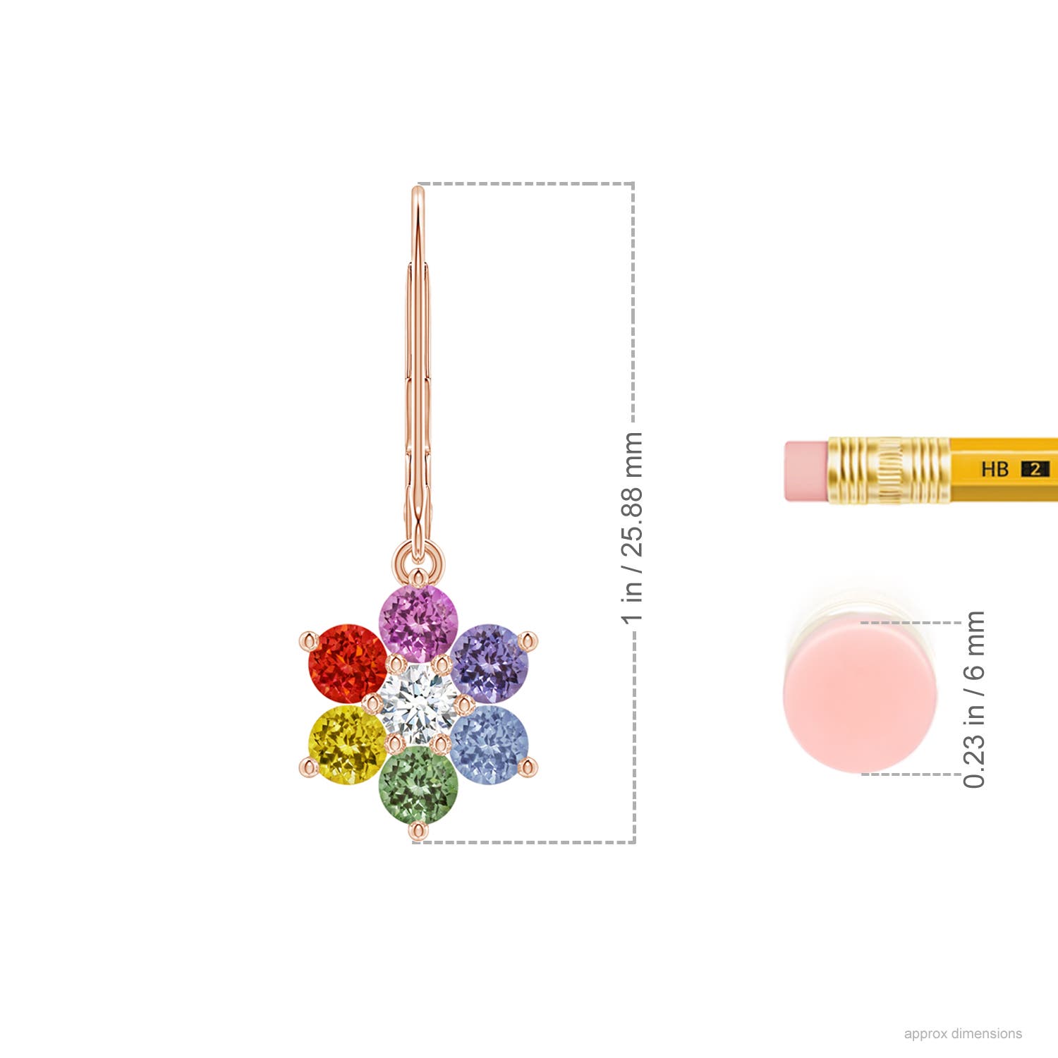 3mm AAA Spectra Round Multi-Sapphire Floral Dangle Earrings with Diamond in Rose Gold - ruler