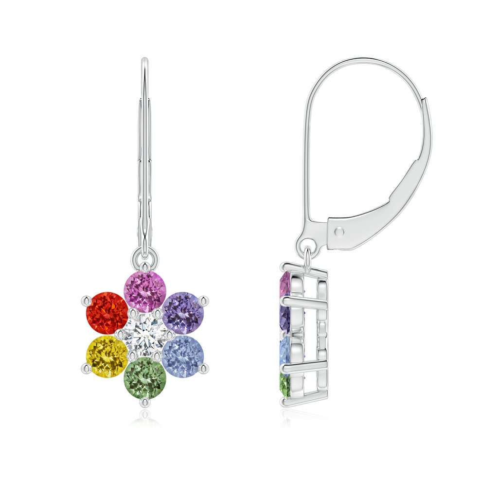 3mm AAA Spectra Round Multi-Sapphire Floral Dangle Earrings with Diamond in White Gold