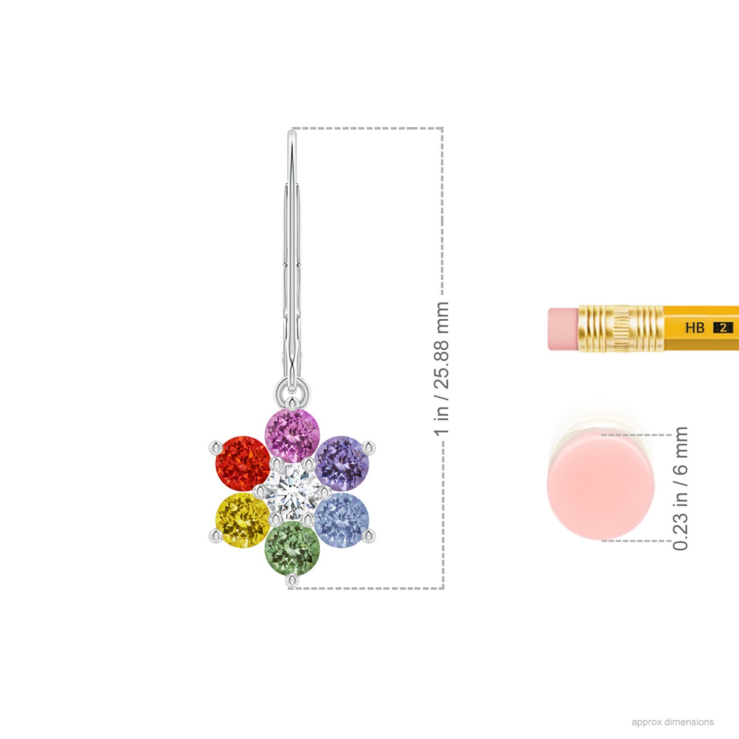 3mm AAA Spectra Round Multi-Sapphire Floral Dangle Earrings with Diamond in White Gold - ruler