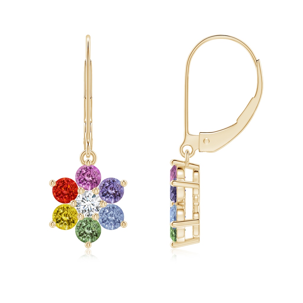 3mm AAA Spectra Round Multi-Sapphire Floral Dangle Earrings with Diamond in Yellow Gold