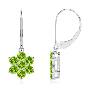 3mm AAA Round Peridot Floral Clustre Dangle Earrings in White Gold