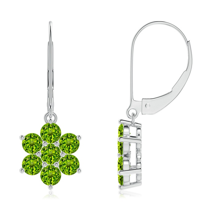 3mm AAAA Round Peridot Floral Clustre Dangle Earrings in White Gold