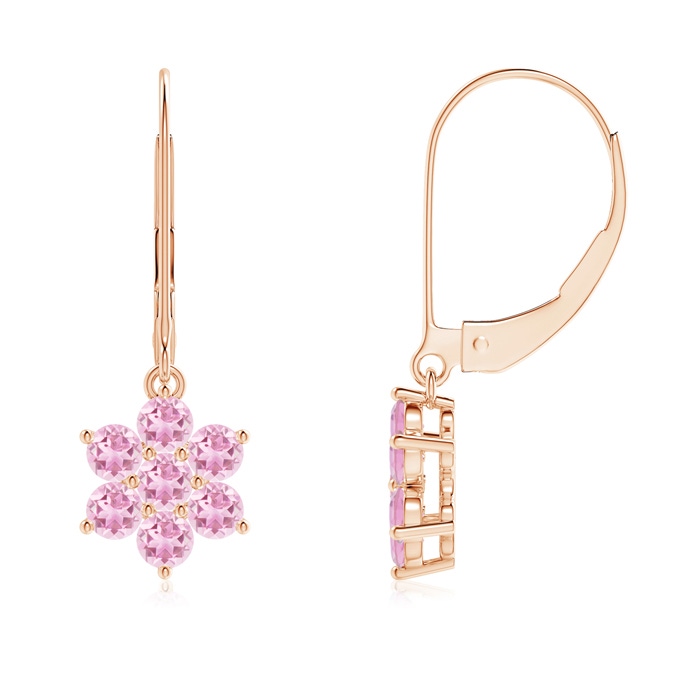 2.5mm A Round Pink Tourmaline Floral Clustre Dangle Earrings in 9K Rose Gold 