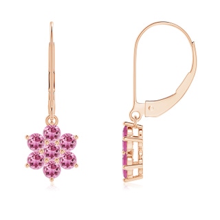 2.5mm AAA Round Pink Tourmaline Floral Clustre Dangle Earrings in 9K Rose Gold