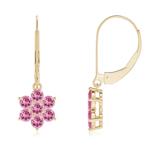 2.5mm AAA Round Pink Tourmaline Floral Clustre Dangle Earrings in Yellow Gold
