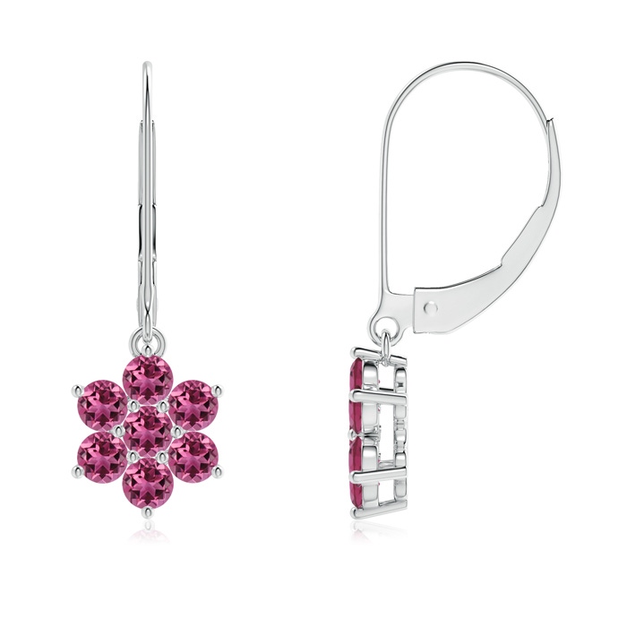 2.5mm AAAA Round Pink Tourmaline Floral Cluster Dangle Earrings in White Gold