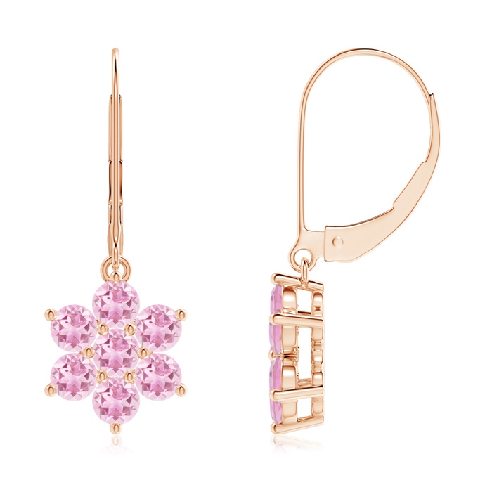 3mm A Round Pink Tourmaline Floral Cluster Dangle Earrings in Rose Gold 
