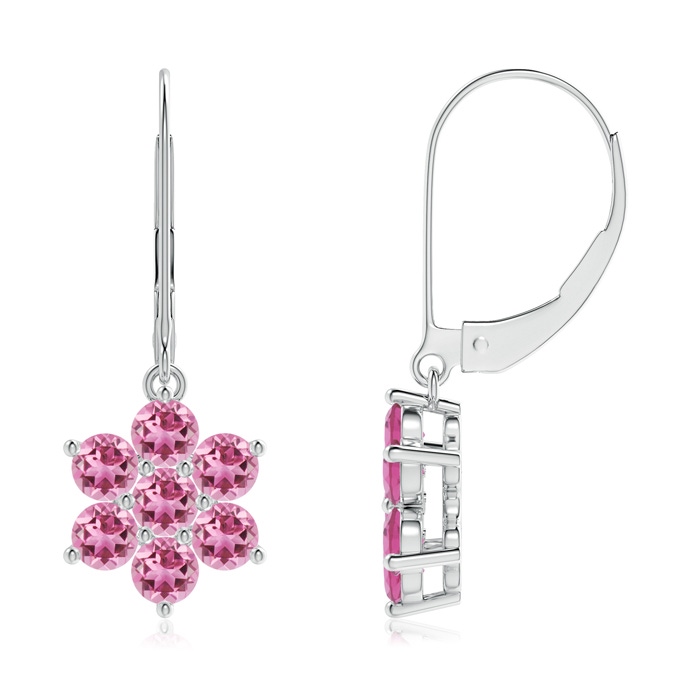 3mm AAA Round Pink Tourmaline Floral Clustre Dangle Earrings in White Gold 