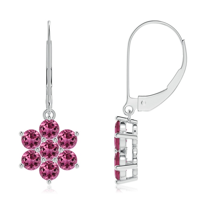 3mm AAAA Round Pink Tourmaline Floral Clustre Dangle Earrings in White Gold 