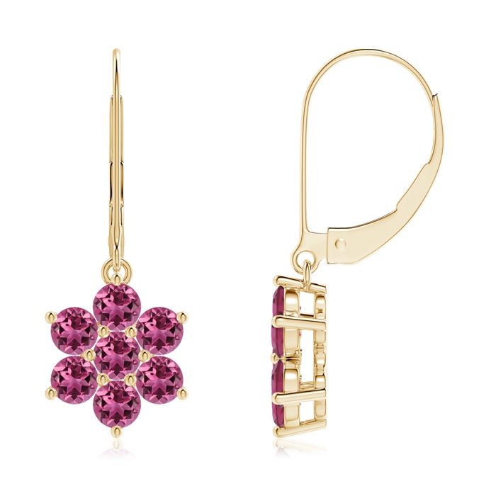 3mm AAAA Round Pink Tourmaline Floral Clustre Dangle Earrings in Yellow Gold 