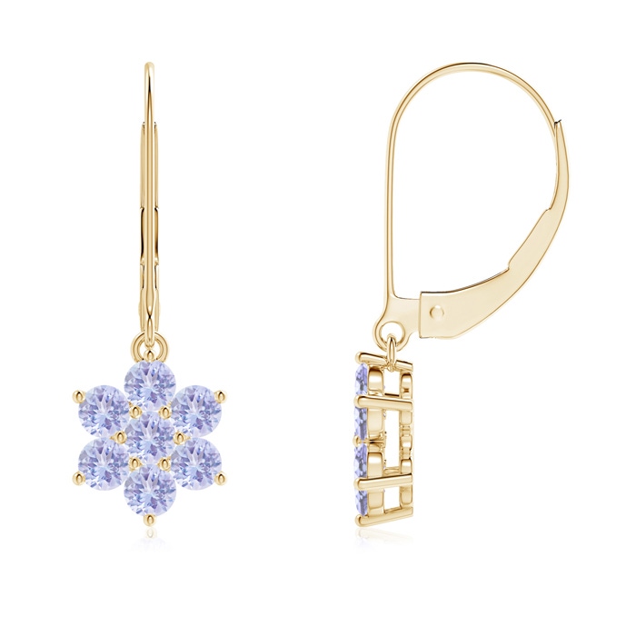 2.5mm A Round Tanzanite Floral Cluster Dangle Earrings in Yellow Gold 