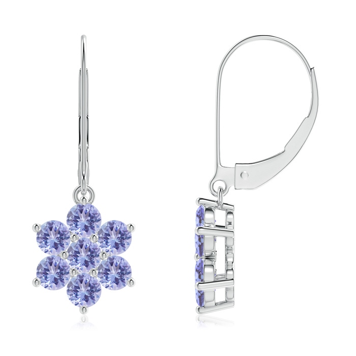 3mm AA Round Tanzanite Floral Cluster Dangle Earrings in White Gold 