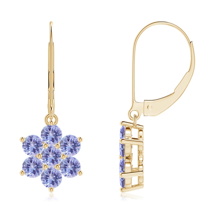 3mm AA Round Tanzanite Floral Cluster Dangle Earrings in Yellow Gold 
