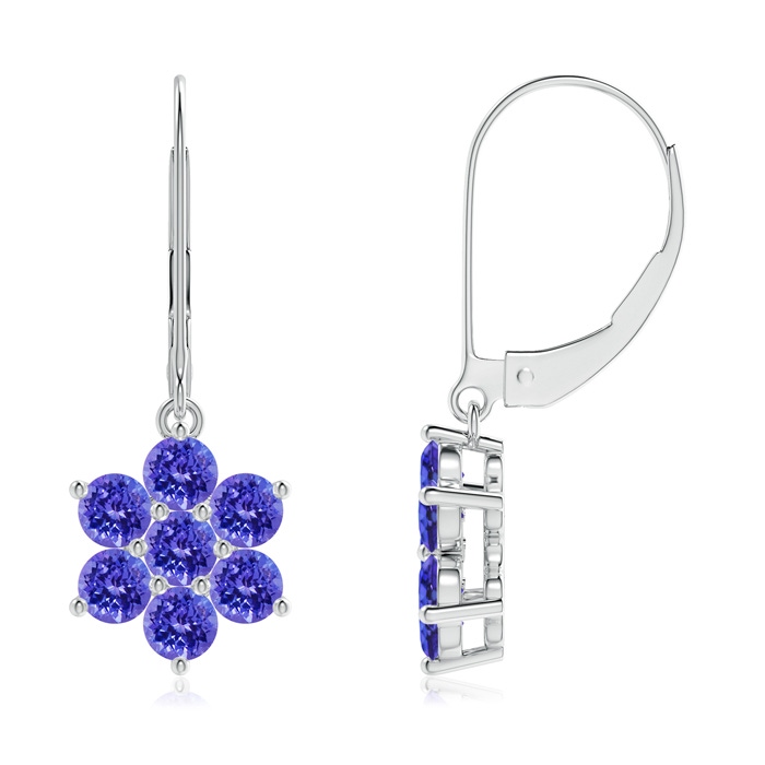 3mm AAAA Round Tanzanite Floral Clustre Dangle Earrings in White Gold 