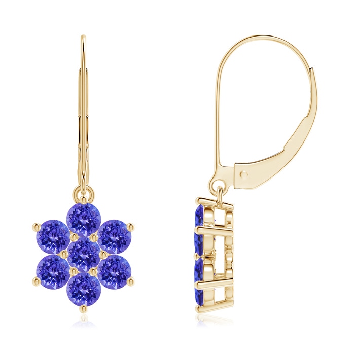 3mm AAAA Round Tanzanite Floral Cluster Dangle Earrings in Yellow Gold 