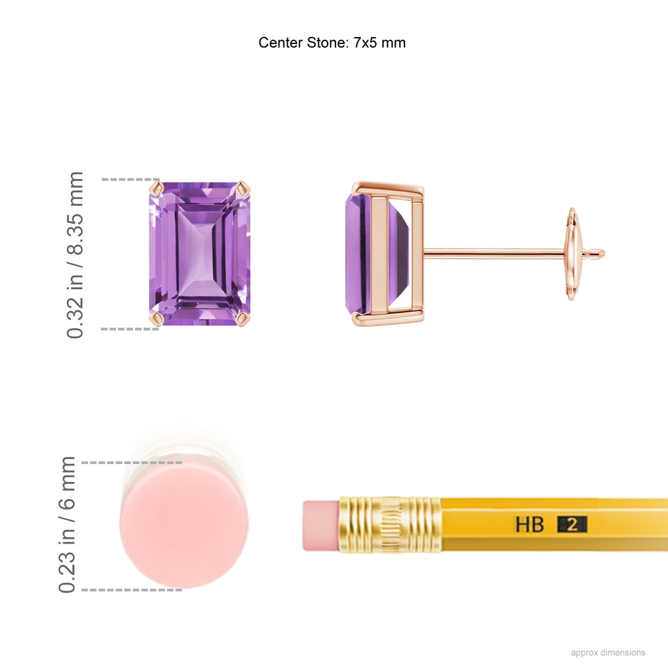 7x5mm A Prong-Set Emerald-Cut Amethyst Solitaire Stud Earrings in 9K Rose Gold ruler