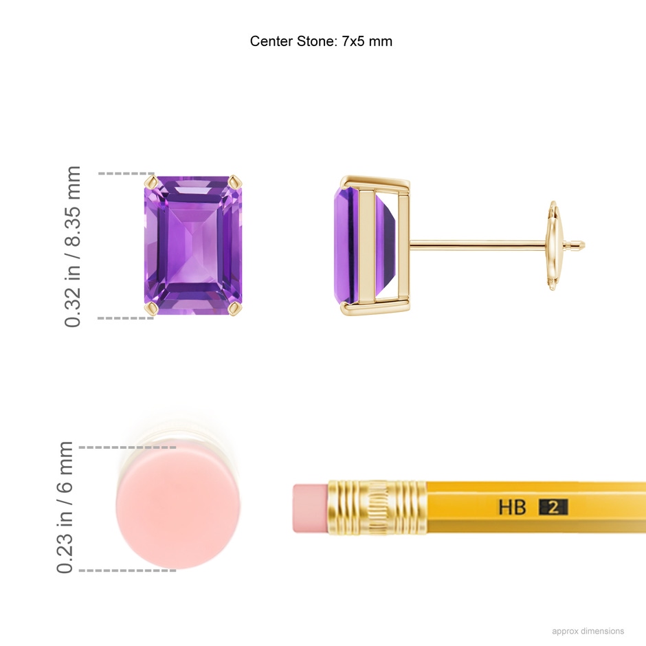7x5mm AA Prong-Set Emerald-Cut Amethyst Solitaire Stud Earrings in 9K Yellow Gold ruler